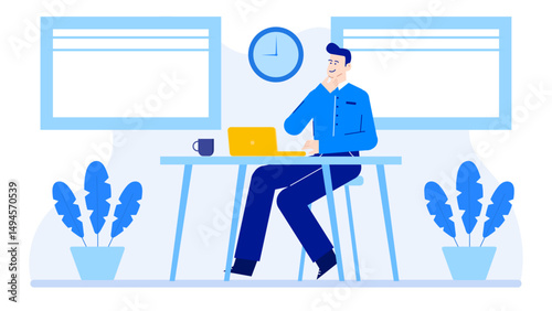 Man working on laptop at desk with coffee, ideal for business, remote work, home office, technology, freelance, and productivity concepts.