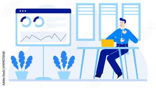Man multitasking with laptop and charts data. Suitable for business presentations, technology blogs, financial reports, and educational materials.