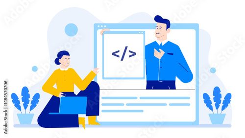Ideal for educational websites, tech blogs, software companies. Concepts diversity, coding, technology, learning, programming, mentorship, education, computer science.