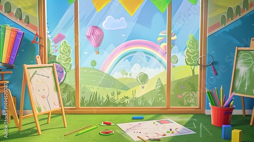 This is a lively art studio. Paintings on easels, art supplies strewn about. Outside the window, a scenic view with a rainbow, hot - air balloon and mountains.