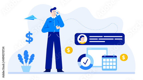 Man on a phone with a dollar sign, calendar, and pie chart. Perfect for financial concepts, business communications, and investment presentations.