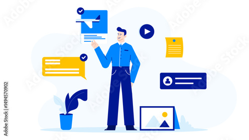 Man pointing at a blue plane ticket, ideal for travel agencies, booking websites, and blog posts on travel tips. Perfect for advertising.