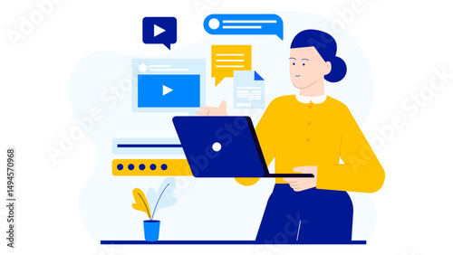 Woman working on laptop in office.