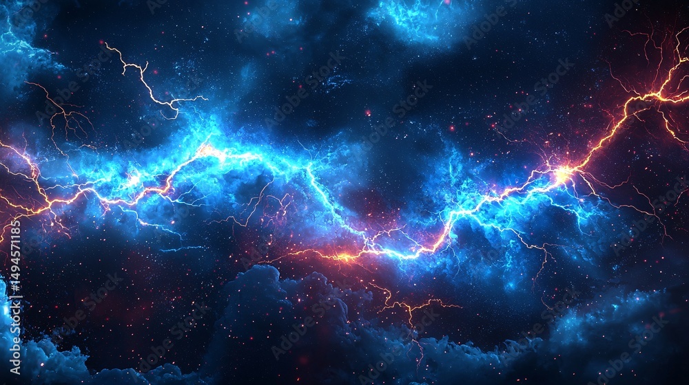 Fototapeta premium Blue lightning travels through dark clouds