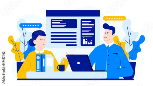 Woman and man working on laptop at table with coffee. Suitable for business, remote work, teamwork, technology, and online communication themes.