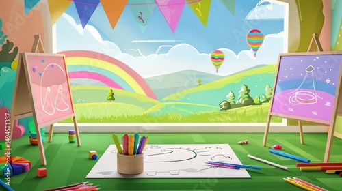 This is a lively art studio. Paintings on easels, art supplies strewn about. Outside the window, a scenic view with a rainbow, hot - air balloon and mountains.