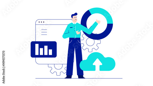 Businessman showing a pie chart by a cloud with an upload arrow, suitable for presentations, reports, software platforms, and digital marketing.