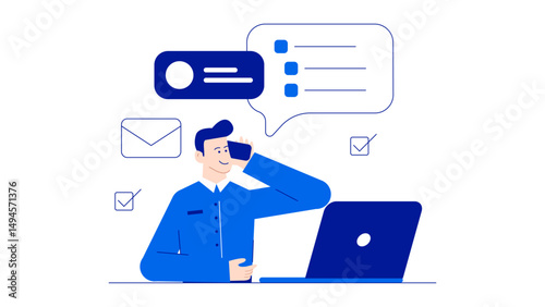 Man multitasking on laptop and phone, perfect for technology or remote work concepts in business and communication presentations or designs.