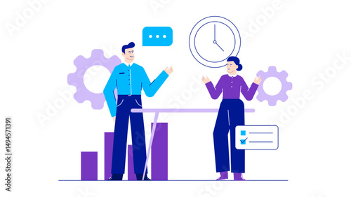 Two people discussing strategy at a table with clock and gears; suitable for business, teamwork, time management concepts.