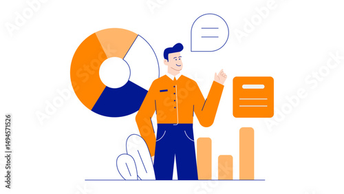 Man in orange shirt confidently presenting financial chart, suitable for business presentations, reports, marketing, financer elated projects. Gesticulating and engaging expression.