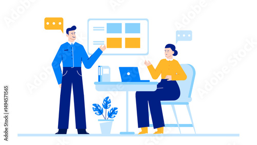 Two people discussing in an office, suitable for business communication concepts, teamwork, brainstorming, meetings, negotiations, and collaboration themes.