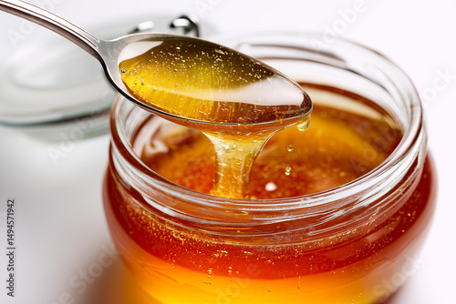 A closeup of clear honey in an open glass jar with the lid off, showcasing its golden color and smooth texture.