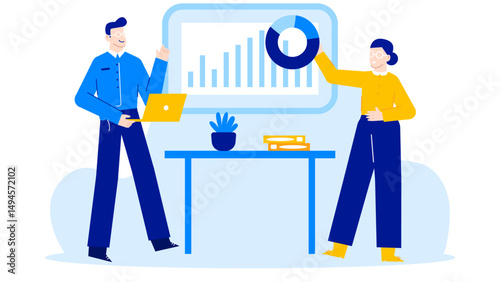 Man and woman presenting data graphs in a business meeting setting
