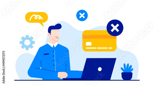 Man frustrated by declined credit card transaction, suitable for illustrating financial frustration, failed transactions, ecommerce issues in digital or print media.