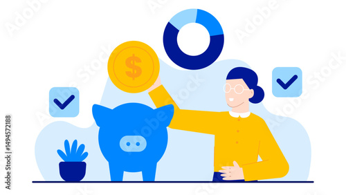 Woman putting gold coin in blue piggy bank. Saving money concept for finance, investment, savings, budgeting, financial planning materials.