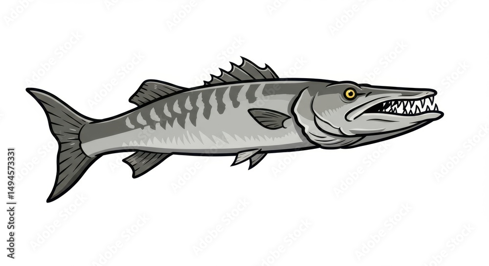 Fototapeta premium A Detailed Illustration of a Great Barracuda Fish: Sharp Teeth, Powerful Body, Aquatic Predator