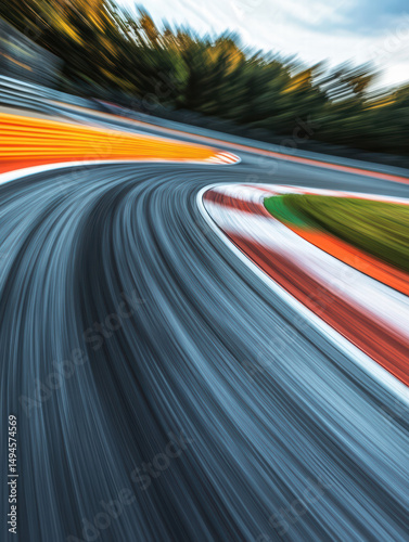 Dynamic Race Track Scene: A mesmerizing shot capturing the sleek, curved asphalt of a racetrack, framed with vibrant colored stripes, showcasing speed, energy, and the thrill of competition.