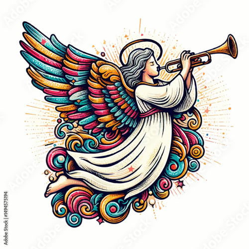 An angel, adorned with vibrant wings, plays a trumpet, filling the air with music.