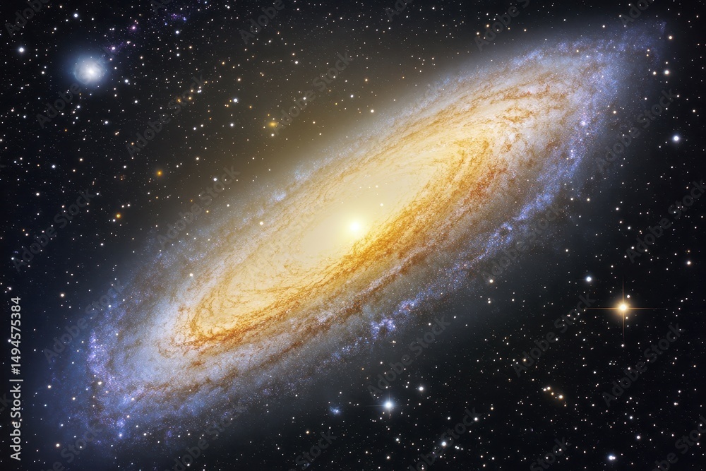 Obraz premium A vibrant, lenticular galaxy, showcasing a bright central bulge and subtle spiral arms, set against a backdrop of countless stars