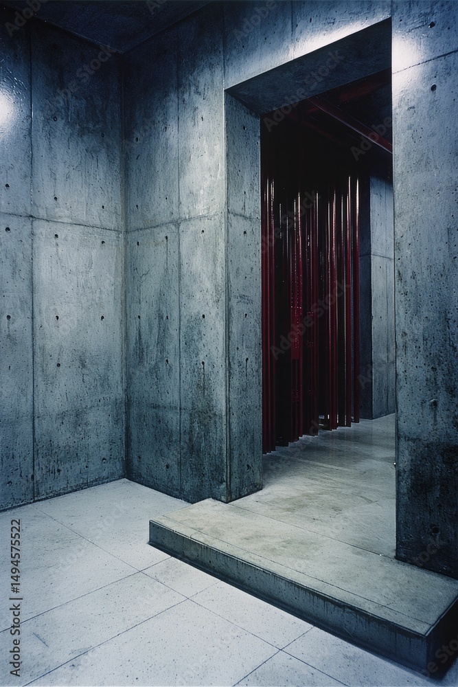 Obraz premium An industrial concrete hallway leads to a passage lined with vertical red beams
