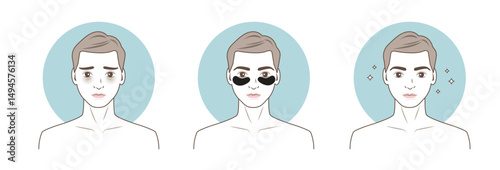 The man apply eye patches treat under eyes dark circles illustration isolated on white background. Direction for use eye mask treatment, reduce dark circles, puffiness, dryness and crow feet lines.