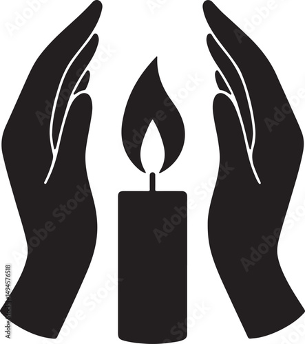 Silhouette of hands over a candle flame, symbolizing warmth, protection, hope, spirituality, meditation, and light in darkness.