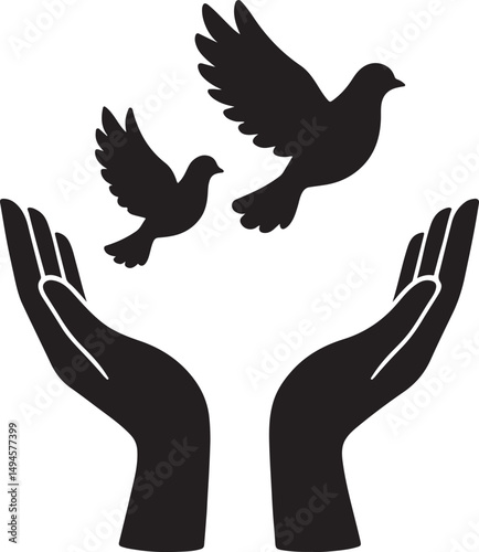 Silhouette of hands releasing doves, symbolizing peace, freedom, hope, spiritual release, and harmony in a serene, minimalist design.