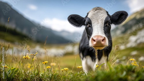 Curious black and white cow peeking into the frame from the left side, standing in a vibrant green meadow, wildflowers and grass in the foreground,