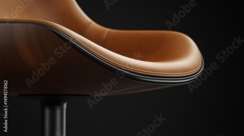Luxury Leather Chair Detail: A close-up shot of a stylish modern leather chair showcases its sleek design and premium materials against a dark background, with precise stitching and subtle curvature.