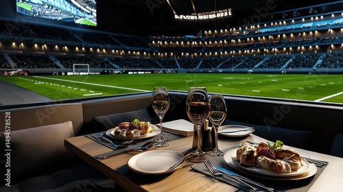 An exclusive dining experience unfolds in a private suite overlooking a lively football stadium, offe a unique blend of gourmet cuisine and sporting excitement.