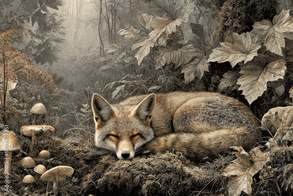 Obraz premium Serene Fox Resting in Lush Forest Amidst Foliage and Mushrooms, Capturing Tranquility and Nature's Beauty