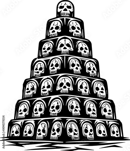 SVG skull tattoo featuring cyber mechanic elements in detailed vector style. Dark Artistic Representation of Stacked Skulls in a Tower Formation