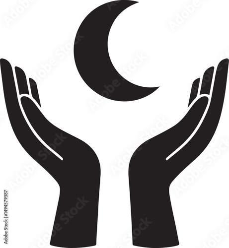 Silhouette of hands under a crescent moon, symbolizing mysticism, serenity, spiritual connection, night energy, and celestial protection.