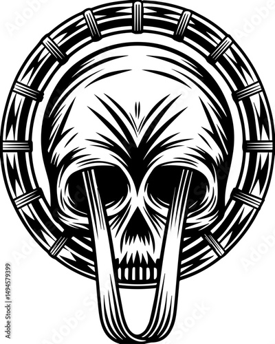 SVG skull tattoo featuring cyber mechanic elements in detailed vector style. Artistic Black and White Skull Design with Abstract Elements