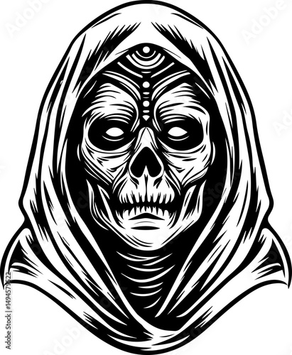 SVG skull tattoo featuring cyber mechanic elements in detailed vector style. Intricate Black and White Skull Design with Mysterious Hood