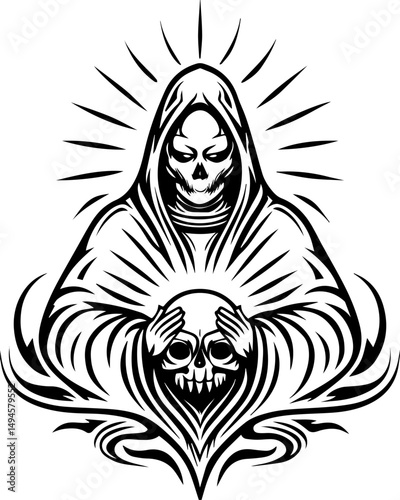 SVG skull tattoo featuring cyber mechanic elements in detailed vector style. Dark and Mysterious Hooded Figure Holding Skull Illustrative Design