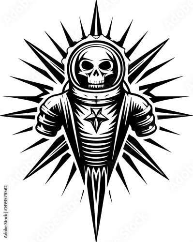 SVG skull tattoo featuring cyber mechanic elements in detailed vector style. Astronaut Skull Design with Star and Radiating Spikes in Black