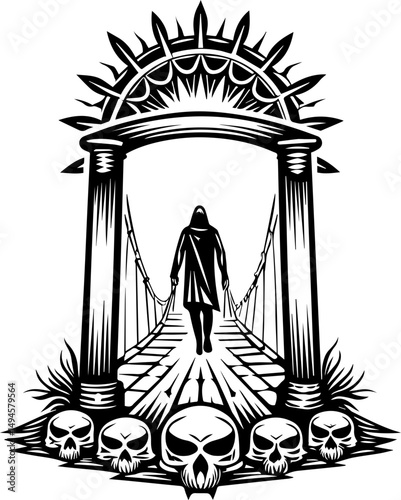 SVG skull tattoo featuring cyber mechanic elements in detailed vector style. Mysterious Figure Walking Through Spooky Archway with Skulls
