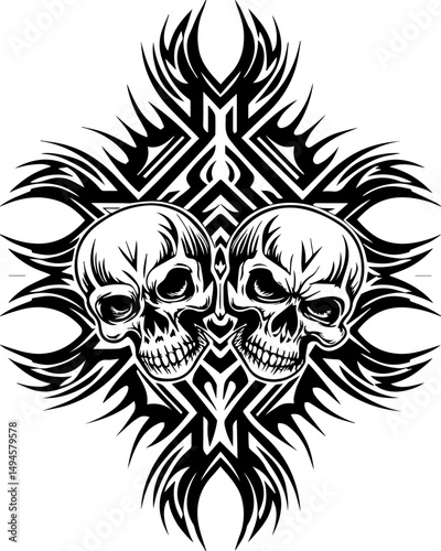 SVG skull tattoo featuring cyber mechanic elements in detailed vector style. Intricate Skull Design with Tribal Elements for Unique Artwork