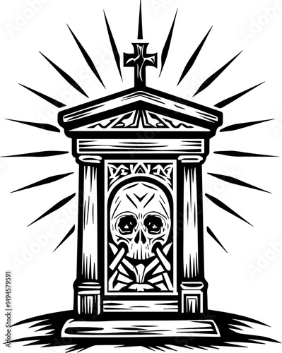 SVG skull tattoo featuring cyber mechanic elements in detailed vector style. Intricate Skull Design in Monument with Radiating Sunbeams Art