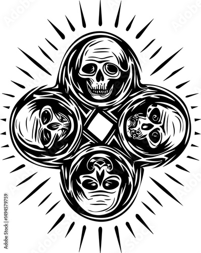 SVG skull tattoo featuring cyber mechanic elements in detailed vector style. Intricate Black and White Skull Illustration with Decorative Elements