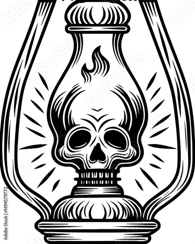 SVG skull tattoo featuring cyber mechanic elements in detailed vector style. Vintage Lantern Design Featuring Skull and Flame Motif Illustration