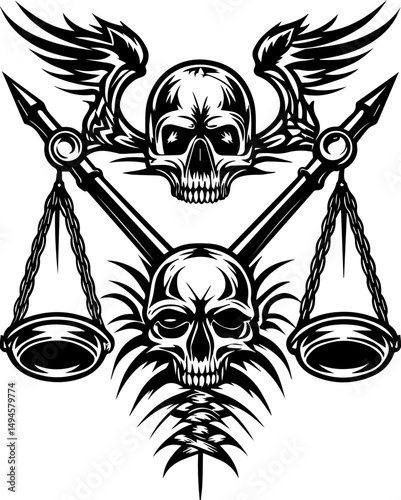 SVG skull tattoo featuring cyber mechanic elements in detailed vector style. Dark Artwork Featuring Skulls, Scales, and Wings in Bold Design