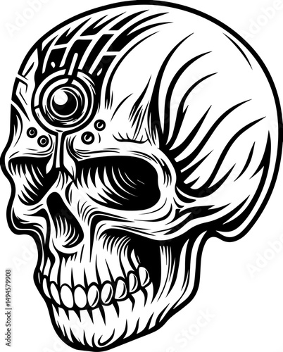 SVG skull tattoo featuring cyber mechanic elements in detailed vector style. Intricate Black and White Artistic Skull Illustration with Details