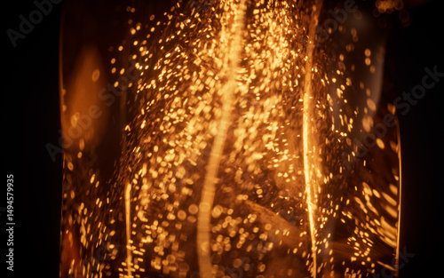 Fototapeta Naklejka Na Ścianę i Meble -  Golden glowing particles in glass geometry, 3d rendering.