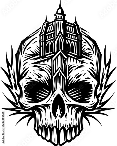 SVG skull tattoo featuring cyber mechanic elements in detailed vector style. Intricate Skull Design with Gothic Architecture Elements