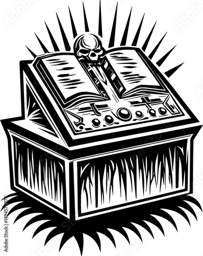 SVG skull tattoo featuring cyber mechanic elements in detailed vector style. Mysterious Ancient Book with Skull Design and Intricate Details