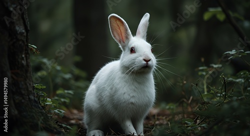A White Rabbit in the Mysterious Forest