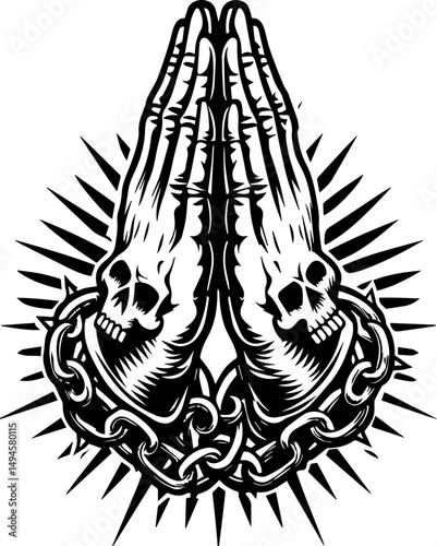 SVG skull tattoo featuring cyber mechanic elements in detailed vector style. Praying Hands with Skull Design and Chains in Black and White