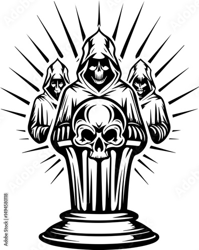 SVG skull tattoo featuring cyber mechanic elements in detailed vector style. Grim Reaper Design with Cloaked Figures and Skull Motif for Art